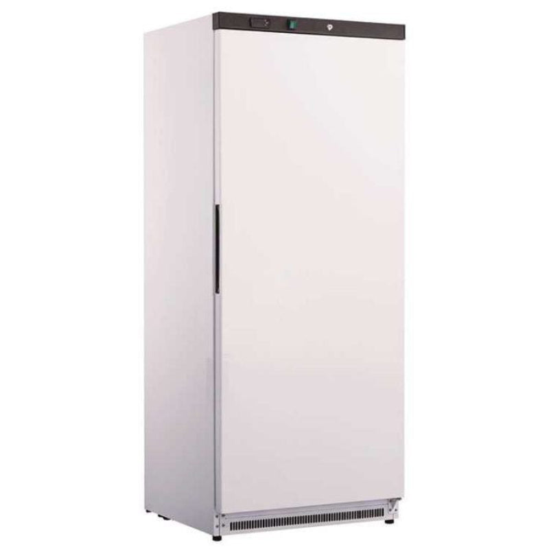 A white Koolmax KMC600 upright single door fridge with a solid door, digital display and a recessed handle.