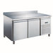 A Koolmax KMF2DS 2 Door Stainless Steel Counter Freezer with two doors, a stainless steel countertop, and a vented cooling unit on the side.