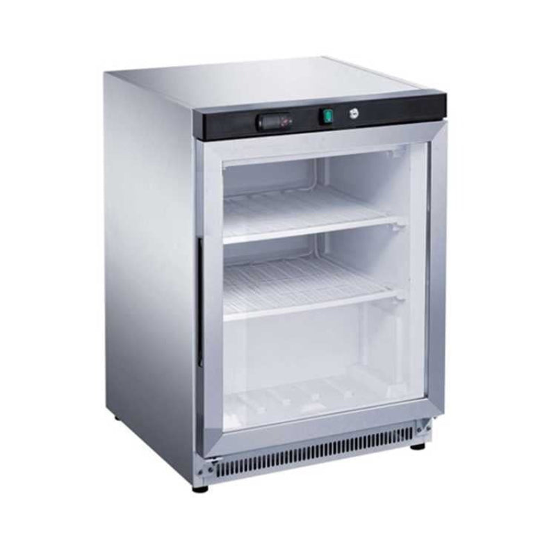 A Koolmax KMF200G white under counter freezer with a single glass door and visible shelves inside.