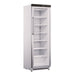 A Koolmax KMF400G white upright single glass door freezer with visible shelves inside.