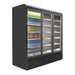 A Koolmax Nice 2000 Hinged Full Glass Door Multideck Fridge with five shelves and base visible through the glass doors, in an angled front facing view.