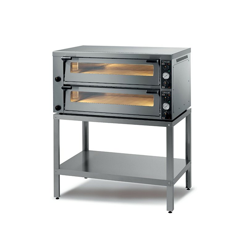 Front View of a stainless steel Lincat PO630-2 twin deck pizza oven mounted to the Lincat pizza oven floor stand