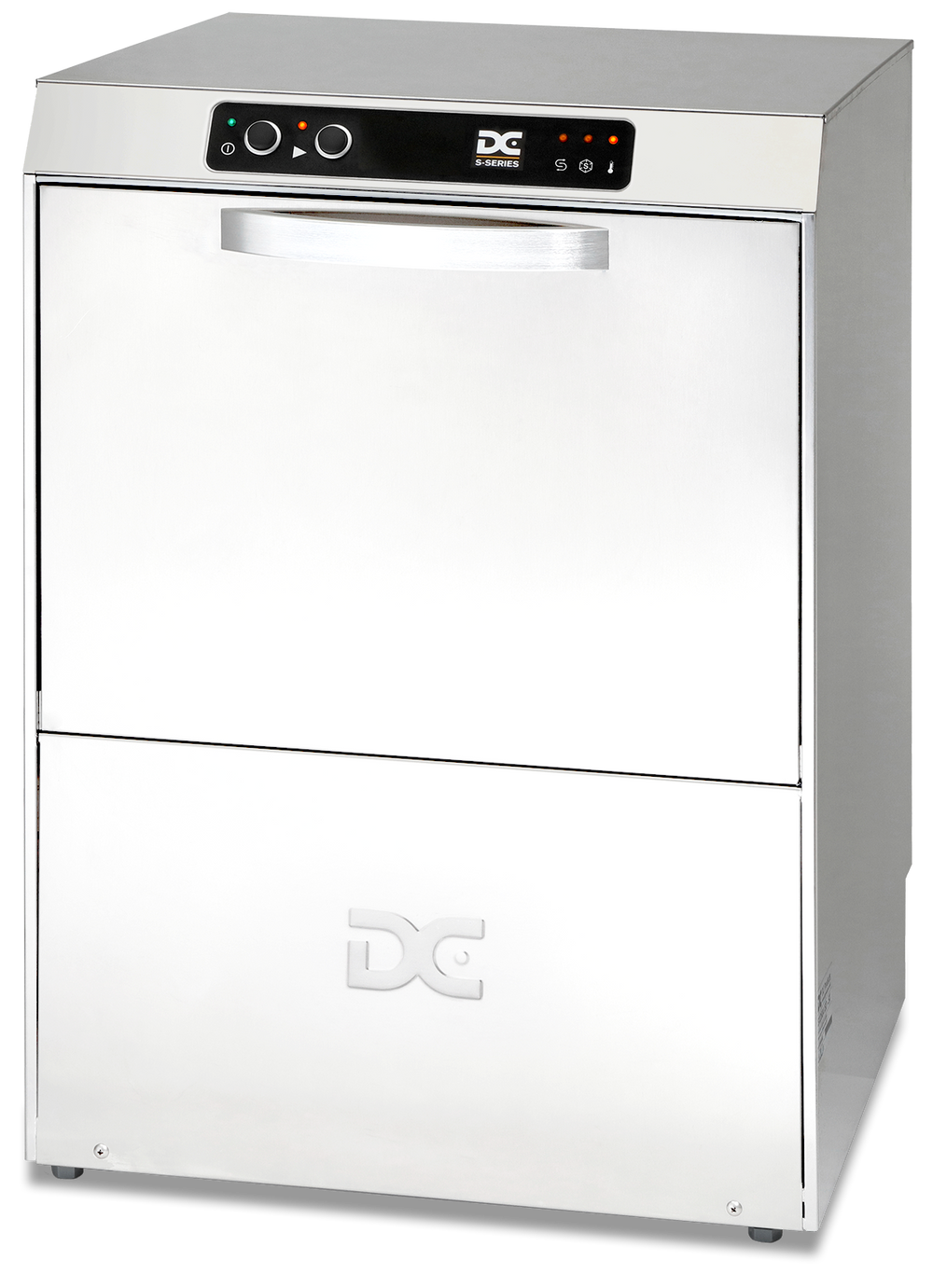 DC SD50A D frontloading commercial dishwasher showing open door and basket