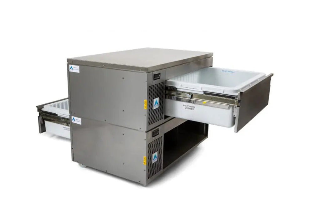 Adande VCM2 Series - Matchbox Prep Counter Angled Front/Left Sife View With Open Matchbox Drawers
