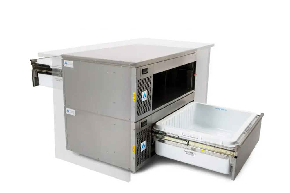 Adande VCM2 Series - Match Box Under Counter - Angled Front/Side View With Matchbox Drawers Open