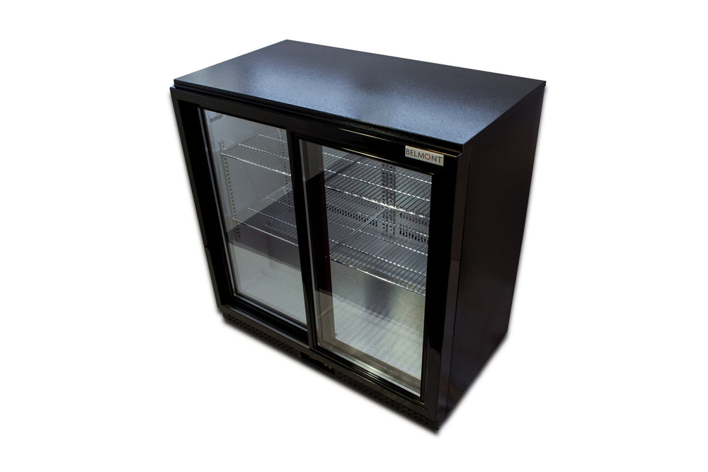 Belmont BC9027K-Belmont Double Sliding Door Bottle Cooler Black, Angled Front/Right Side View
