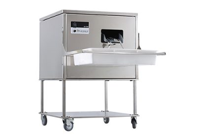Frucosol SH7000 Cutlery Polisher, front facing view showing castors, product branding and cutlery tray.