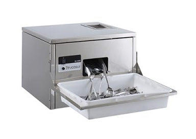 Frucosol SH3000 Cutlery Polisher, front facing view showing cutlery dropping out of appliance into the cutlery tray.