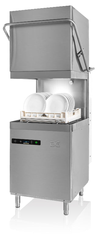 Angled front facing view of a DC SD1000A IS Standard Passthrough Dishwasher with an open hood.