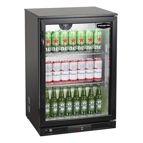 Sterling Pro Green SP1LO-OUT-BK Hinged Single Door Low Height Black Outdoor Bottle Cooler, 106 x 330ml Bottles