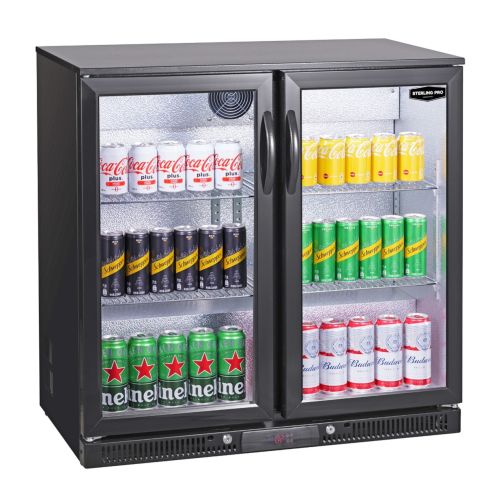 Sterling Pro Green SP2LO-OUT-BK Hinged Double Door Low Height Black Outdoor Bottle Cooler, 180 x 330ml Bottles