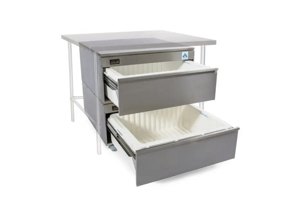 Adande VCR2 Series - Under Counter Two Drawer Rear Engine - Angled Front View With Open Drawers