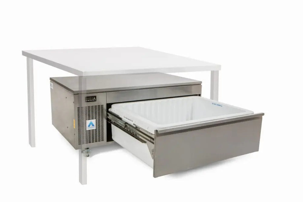 Adande VLS1  Series - Under Counter Shallow Single Drawer Side Engine - Angled Front View With Open Drawer