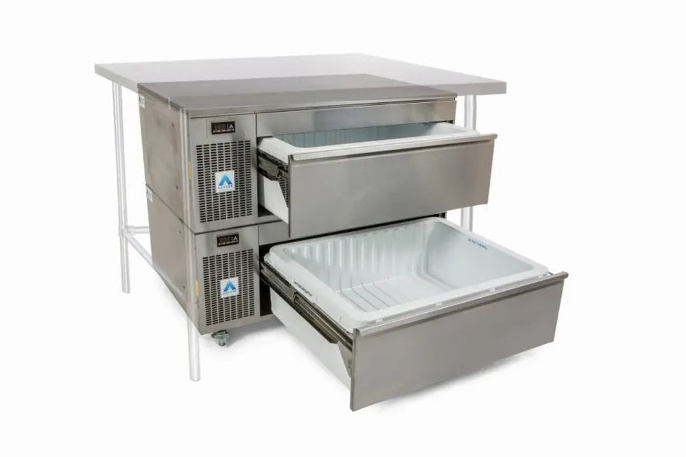 Adande VLS2 Series - Under Counter Shallow Two Drawer Side Engine Angled Front View With Open Drawers