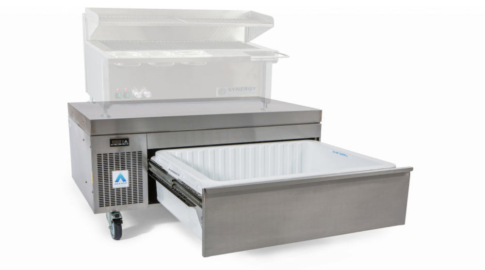 Adande VLS1 Series - Chef Base Shallow Hot Cookline Side Engine Angled Front/Left Side View With Open Drawer