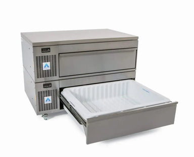 Adande VLS2 Series - Prep Counter Shallow Two Drawer Side Engine Angled Front View With Open Bottom Drawer